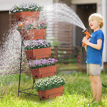 5 Tier Vertical Raised Garden Bed Planter Box, Vertical Raised Bed with Drainage Holes for Indoor Outdoor Herbs Flowers Vegetables Plants, Red