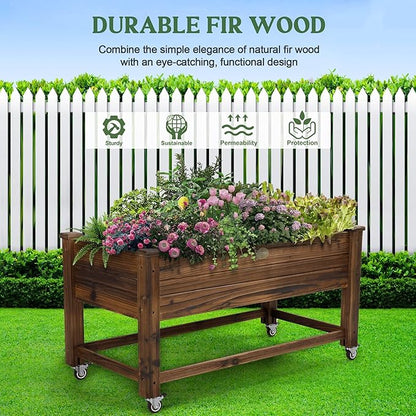Cedar Wood Outdoor Raised Garden Bed Planter Box with Locking Wheels, 41x21x20 inch, Carbonization Color