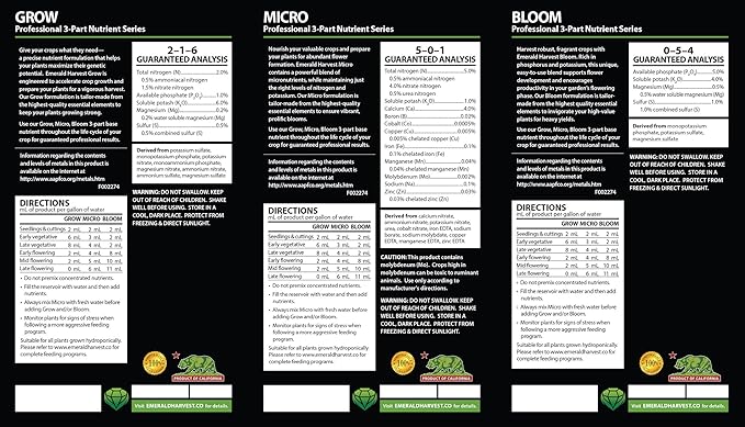 Emerald Harvest Grow, Micro, Bloom Fertilizer Combo, 3.8 L