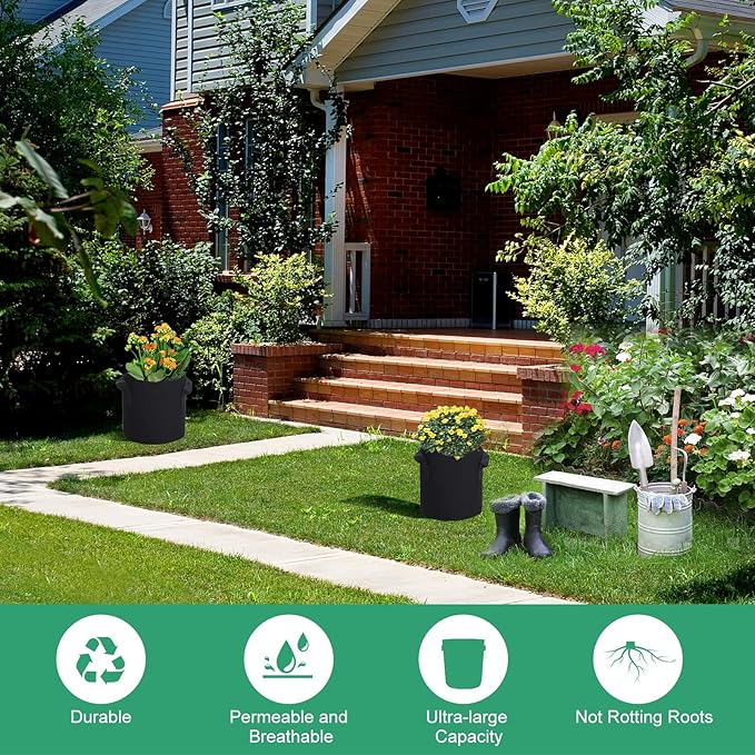 10 Gallon Fabric Grow Bags, Black Nonwoven Plant Pots with Handles, 15.7x11.8 Inches, 5 Pack