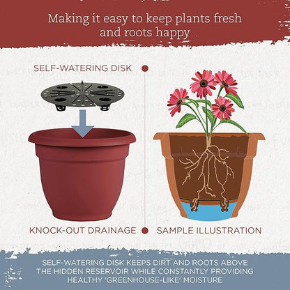 Bloem Ariana 10" Burnt Red Round Self-Watering Resin Planter Pot - Rolled Rim Indoor and Outdoor Gardening Planter