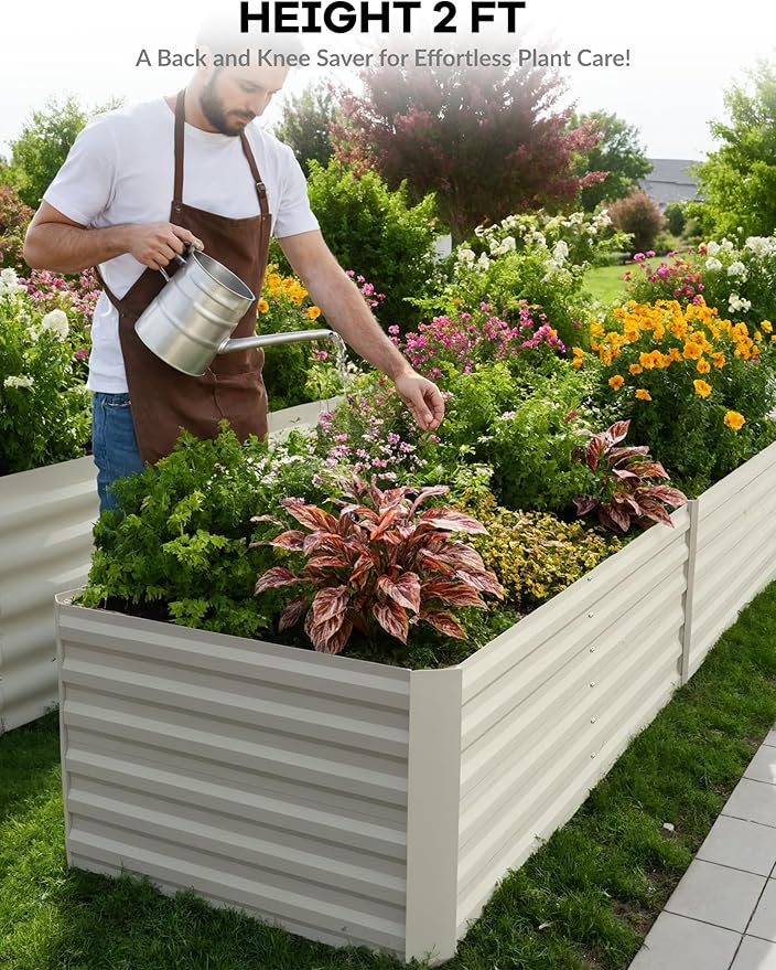 GarveeLife 8x4x2 ft Galvanized Raised Garden Bed, 24" Tall Metal Planter Box for Flowers Vegetables, Rust-Resistant Raised Garden Beds for Gardening, Easy Assembly Outdoor Garden Box & Planters,Beige
