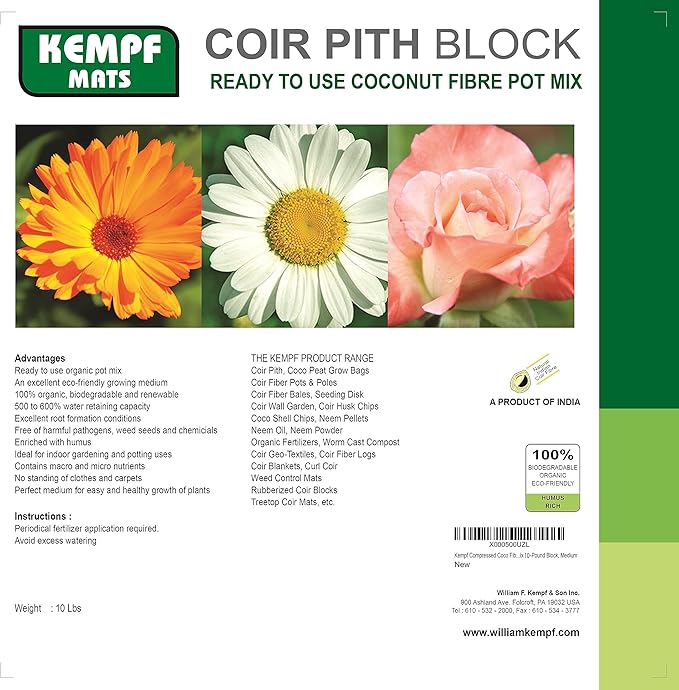 Kempf Organic Coco Coir Brick (10lbs) - Expanding Garden Soil & Potting Mix, for Indoor Plants & Outdoor Plants, Washed Coconut Husk Fiber Planting Seed Starter