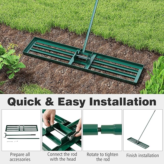 46" x 10" Lawn Leveling Rake, Heavy Duty Landscape Rake with 67" Handle, Non-Slip Grip & Flat Head, Space-Saving Lawn Level Tool for Garden, Backyard, Golf Course & Sports Field(Green)