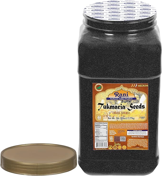 Rani Tukmaria (Holy Basil Seeds) 80oz (5lbs) 2.27kg PET Jar Used for Falooda / Sabja Dessert, Spice & Ayurveda Herbal ~ All Natural | Gluten Friendly | NON-GMO | Kosher | Vegan | Indian Origin