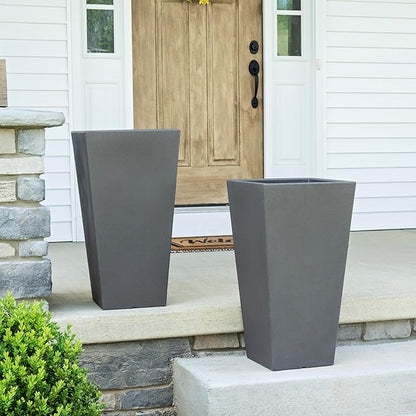 Step2 Tremont Tall Square Tapered Planter, Large Planters for Outdoor Plants, Gardening and Flower Pot for Patio or Porch, Efficient Drainage, Durable Plastic, Dark Cedar, 1-Pack