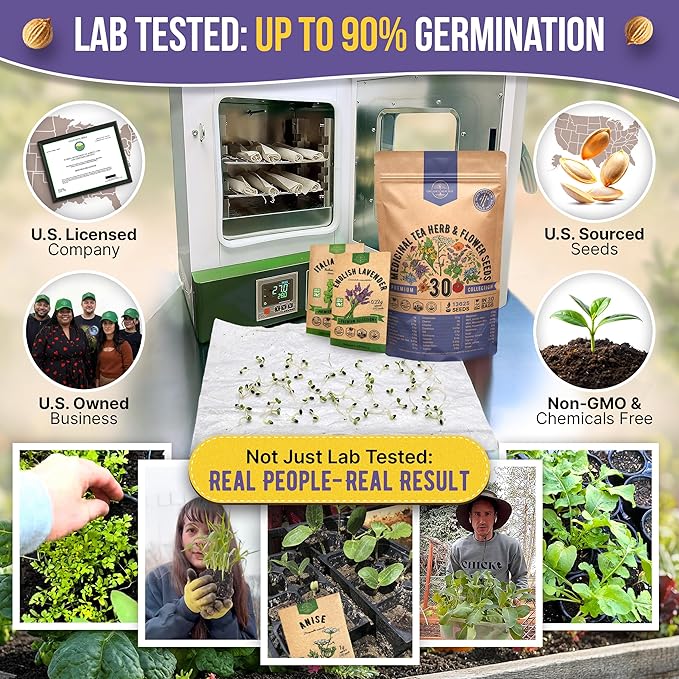Organo Republic 30 Medicinal Tea Herb & Flower Seeds Variety Pack - 13600+ Non-GMO Heirloom Flower Seeds for Outdoor & Indoor Garden, Including Bergamot, Catnip, Calendula, Dandelion, Lovage, Zinnia