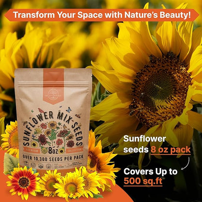 Sunflower Mix Seeds Pack 8 oz - Over 10,300 Non-GMO Heirloom Sunflower Seeds for Planting, Annual Flowers in Individual Seed Packet for Planting Home Garden Indoor & Outdoor Gardening (Pack of 2)