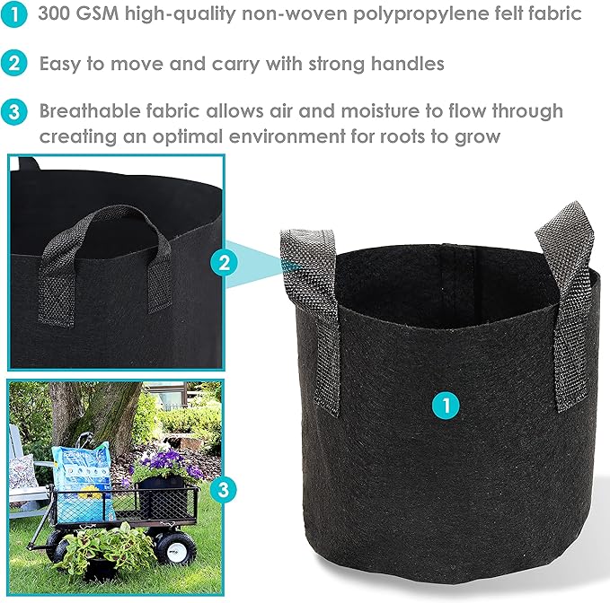 Sunnydaze 10-Pack of 2-Gallon Garden Grow Bags for Vegetables - Black 300 GSM Non-Woven Polypropylene Felt Fabric Flower Pots and Planters with Handles - Gardening Containers