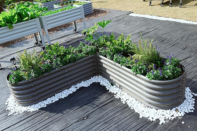 A ANLEOLIFE 6-Piece 18 Inch Tall Quartz Grey Raised Garden Beds Kit, Heart-Shaped & Long Oval Planters for Creative Garden Layouts.