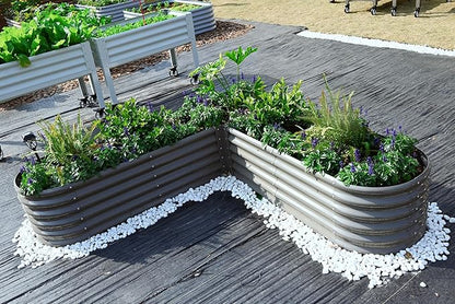 A ANLEOLIFE 6-Piece 18 Inch Tall Quartz Grey Raised Garden Beds Kit, Heart-Shaped & Long Oval Planters for Creative Garden Layouts.