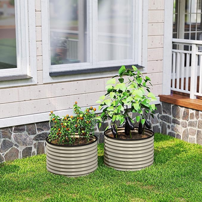 Outsunny Galvanized Raised Garden Bed Set of 2, Planters for Outdoor Plants with Safety Edging, Easy-to-Assemble Stock Tanks for Growing Flowers, Herbs and Vegetables, 3' x 3' x 2', Cream White