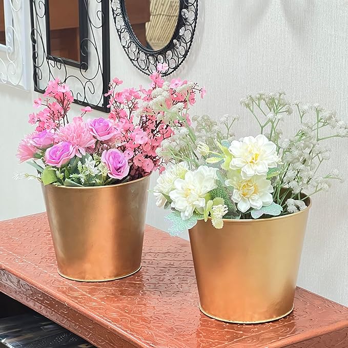 Hosley Set of 2 Gold Bucket/Pots with PVC Liner, 6.5" Dia x 6" H Ideal Gift for Floral Arrangements Wedding Home Office Party DIY Indoor Outdoor Garden Patio