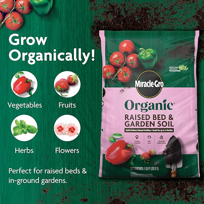 Miracle-Gro Organic Raised Bed & Garden Soil with Quick Release Natural Fertilizer, Peat Free, 1 cu. ft., 2-Pack