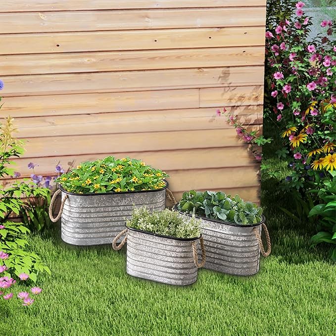 SOFE Rustic Galvanized Tub Small Oval Planter Set of 3, Planters for Indoor Plants, Metal Bucket with Rope Handles, Farmhouse Indoor Plant Pot Home Decor for Outdoor Garden