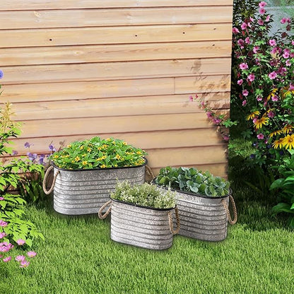 SOFE Rustic Galvanized Tub Small Oval Planter Set of 3, Planters for Indoor Plants, Metal Bucket with Rope Handles, Farmhouse Indoor Plant Pot Home Decor for Outdoor Garden