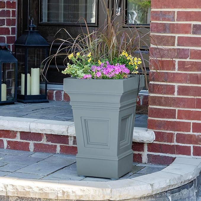 Step2 Atherton Square Planter, Large Planters for Outdoor Plants, Gardening and Flower Pot for Patio or Porch, Efficient Drainage, Durable Plastic, Sage Gray, 2-Pack