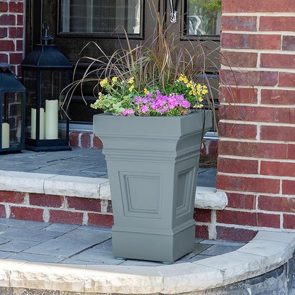 Step2 Atherton Square Planter, Large Planters for Outdoor Plants, Gardening and Flower Pot for Patio or Porch, Efficient Drainage, Durable Plastic, Sage Gray, 2-Pack