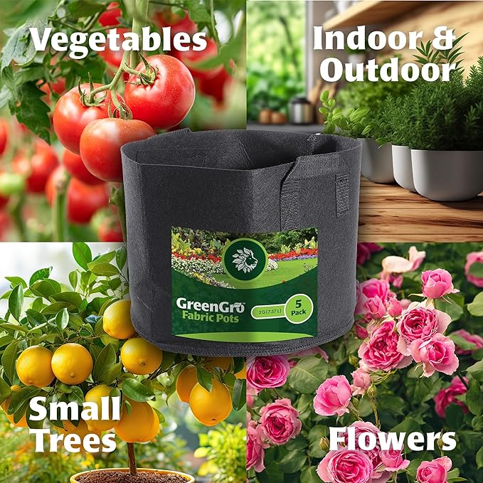 GreenGro 5-Pack 5 Gallon Nonwoven Fabric Grow Bags - Fabric Planting Pots/Great for Vegetables, Herbs, Flowers, Shrubs/Portable for Indoor & Outdoor Plants/Improved Aeration & Drainage