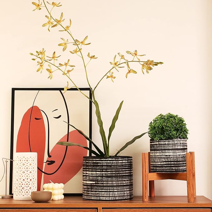 Plant Pots Indoor 2 Pack, 5 & 7 Inch Ceramic Planter Pots with Drainage Hole, Set of 2 Flower Pots - Herbs/Snake/Succulent/Orchid Cylinder Plant Pot(Black)