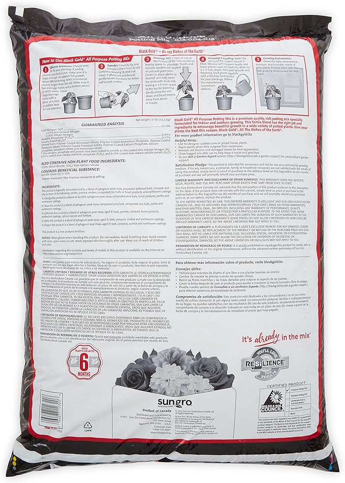 Sun Gro 13101022 Black Gold All Purpose Potting Mix with Fertilizer, 2 Cubic Feet