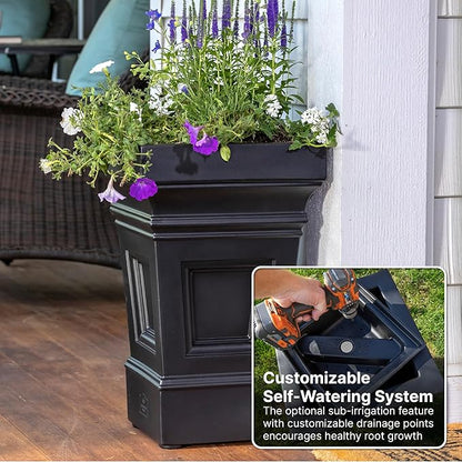 Step2 Atherton Square Planter, Large Planters for Outdoor Plants, Gardening and Flower Pot for Patio or Porch, Efficient Drainage, Durable Plastic, Onyx Black, 2-Pack