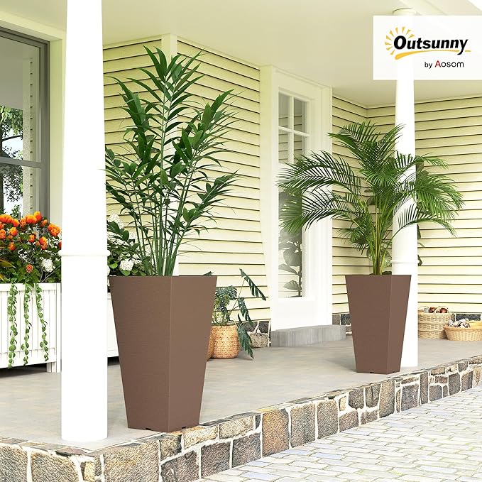 Outsunny 23 Inch Tall Planters for Outdoor Plants, Set of 2 Plastic Flower Pots, Weather and UV Resistant Stackable Tapered Large Planters for Front Door Patio Garden Use, Brown