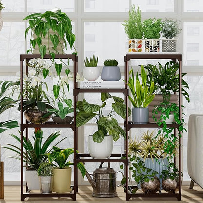 Plant Stand Indoor Outdoor Plant Shelf Stand, 3 Tiers 8 Pots Large Potted Metal Flower Plant Rack for Multiple Plants, Hanging Tall Planter Holder for Patio Balcony Living Room Corner Porch Garden Boho Decor Brown