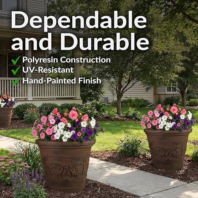 Sunnydaze 19.5-Inch Arabella Large Plastic Pot for Plants - Outdoor Double-Walled Polyresin Large Plastic Planter with Drillable Drainage Holes - 2 Pack - Rust