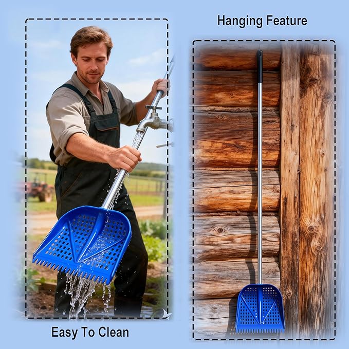 11.8inch Heavy Large 2-in-1 Chicken Poop Scooper & Rake,Adjustable Aluminum Handle（20–61"） Chicken Coop Scoop– Litter Scoop Sand & Sifting Shovel for Chicken Coops Shoveling Snow(Green)