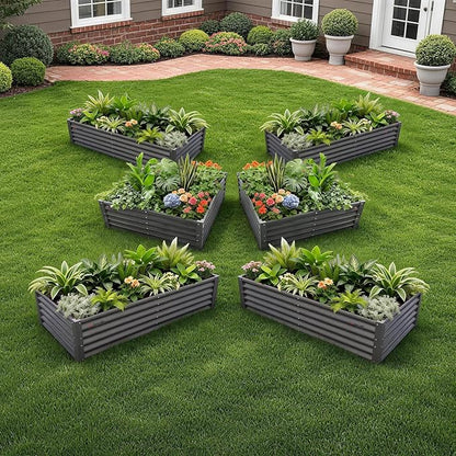 A ANLEOLIFE 6-Piece 18 Inch Tall Quartz Grey Raised Garden Beds Kit, Rectangular & Square Metal Planters for Structured Garden Layouts