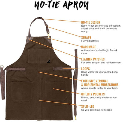 Under NY Sky No-Tie Twill Apron - Leather Reinforcement, Split-Leg