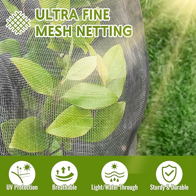 2 Pack Fruit Tree Netting Bags with Zipper and Drawstring, 6 x 6ft Ultra Fine Mesh Garden Netting Plant Cover, Bird Netting for Blueberry Bushes, Fruit Trees, Flowers (Black, 6 x 6 ft)
