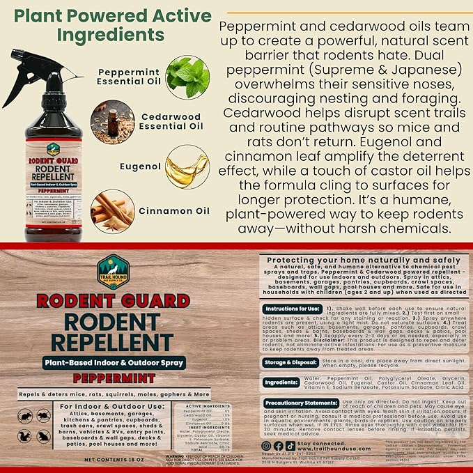 Rodent Guard - Peppermint Oil Spray for Rodents - Natural Peppermint Rodent & Pest Control Spray - Plant-Based Indoor & Outdoor Mouse Spray - Safe Around Pets & Kids - Repels All Rodents 16oz