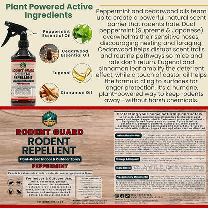 Rodent Guard - Peppermint Oil Spray for Rodents - Natural Peppermint Rodent & Pest Control Spray - Plant-Based Indoor & Outdoor Mouse Spray - Safe Around Pets & Kids - Repels All Rodents 16oz