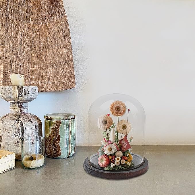 Glass Dome with Base for Display, Wooden Cloche Bell Jars 5.9" x 7.87" Case Cover Large Terrarium Cloches Pocket for Watch Flower Small Plastic Ornament Candle Plant Decorative Home Party Wedding Decor