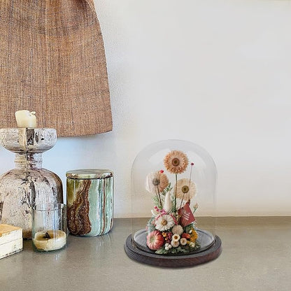 Glass Dome with Base for Display, Wooden Cloche Bell Jars 5.9" x 7.87" Case Cover Large Terrarium Cloches Pocket for Watch Flower Small Plastic Ornament Candle Plant Decorative Home Party Wedding Decor
