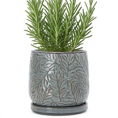 D'vine Dev 6 Inch Embossed Leaves Stoneware Planter Pot with Drainage Hole and Saucer, Graphite Blue, 27-A-X-9