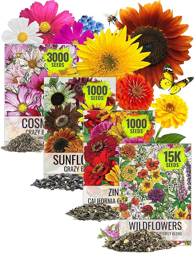 Seed Needs Butterfly Garden Bulk Seed Variety Collection - 4 Large Pouches Pure Live Seed No Filler - Crazy Cosmos, California Giants Zinnia, Crazy Sunflower & Butterfly Wildflower Mix