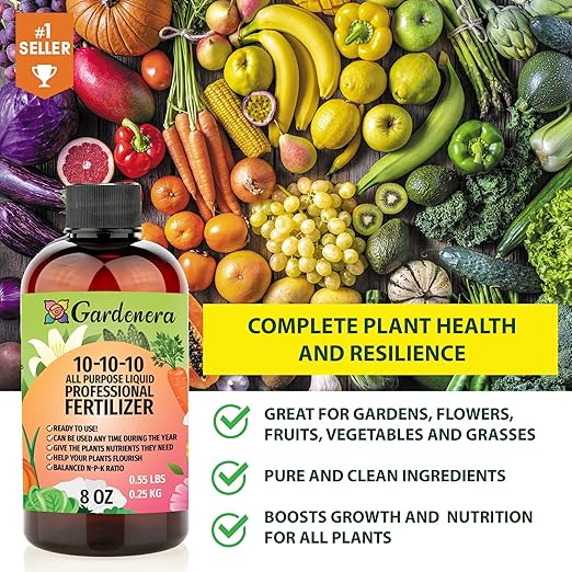 Gardenera Premium 10-10-10 All Purpose Liquid Plant Food - Professional Grade Garden Fertilizer Concentrate for Lawns, Trees, Plants, Vegetables, Fruits & Flowers - Makes 48 Gallons - (8 OZ)