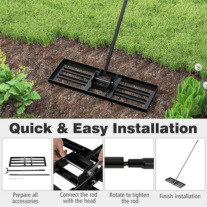 30" x 10" Lawn Leveling Rake, Heavy Duty Landscape Rake with 67" Handle, Non-Slip Grip & Flat Head, Space-Saving Lawn Level Tool for Garden, Backyard, Golf Course & Sports Field(Black)
