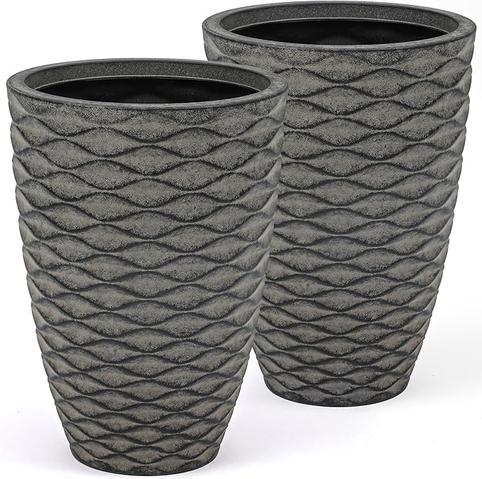 20" Tall Planters Set of 2, High-Density Resin Wavy Outdoor Pots for Plants, Versatile Indoor/Outdoor Flower Pots w/Drainage Holes for Patio, Garden, Porch & Living Room Decor, Ideal Gift