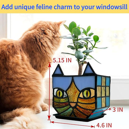 Tiffany Style Stained Glass Cat Flower Pots with Drainage,Funny Blue Cat Planter,Cute Garden Pots,Flower Pots for Indoor Plants,Gifts for Plant Lovers,4.6x3x5.15 in