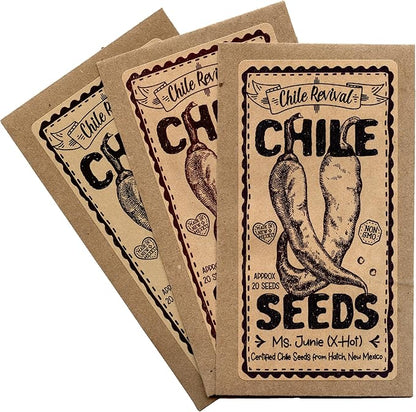 Hatch Chile Seeds from Chile Revival - Bring The Heat 3 Pack - 20 Seeds of Each 60 Total - Ms Junie (Hot), Rattlesnake (XXX-Hot), Lumbre (XXX-Hot)