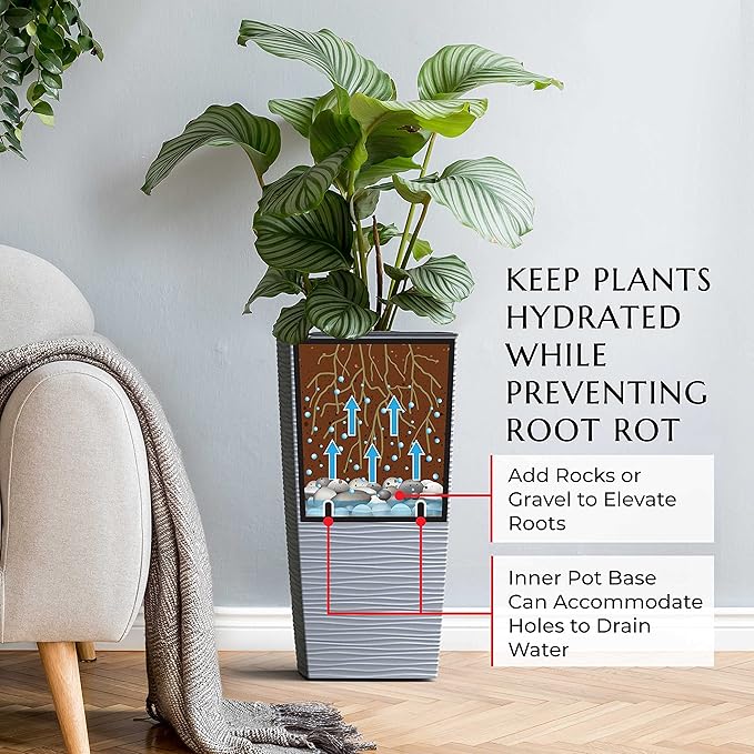 Mueller Janska M-Resin Heavy Duty Tall Planter, Indoor/Outdoor Grande Plant, Tree, Flower Pot, 2-Piece Set, 27.5”, Modern Design, Built-in Drainage, Light Grey