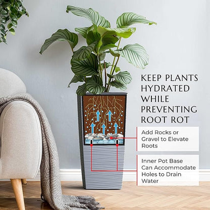 Mueller Janska M-Resin Heavy Duty Tall Planter, Indoor/Outdoor Grande Plant, Tree, Flower Pot, 2-Piece Set, 27.5”, Modern Design, Built-in Drainage, Light Grey