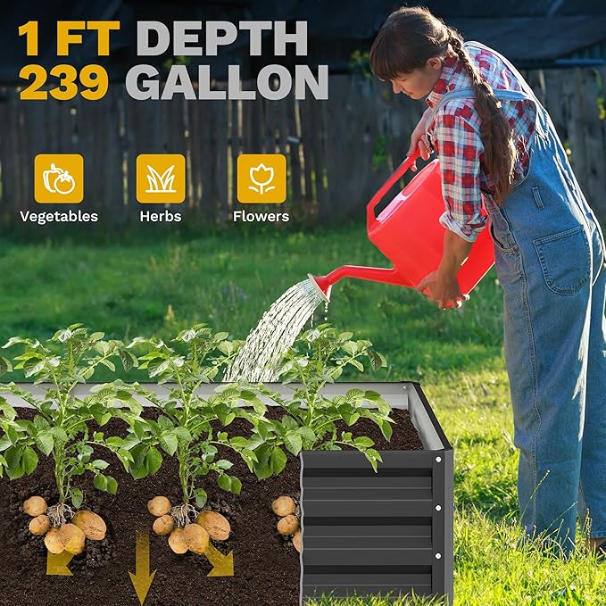 DWVO 2pcs 8 x 4 x 1 FT Raised Garden Bed Kit, Outdoor Galvanized Flower Bed with Safety Rubber and Gloves, Large Metal Planter Box for Vegetables, Flowers, Herbs, Fruits, Black