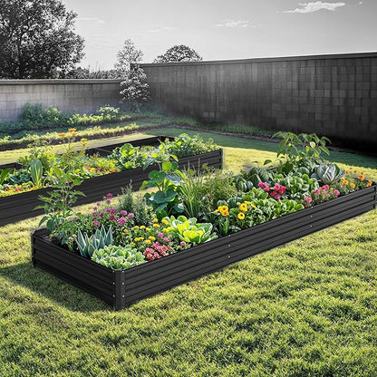 DWVO 12 x 4 x 1 FT Raised Garden Bed Kit, Outdoor Galvanized Flower Bed with Safety Rubber and Gloves, Large Metal Planter Box for Vegetables, Flowers, Herbs, Fruits, Black