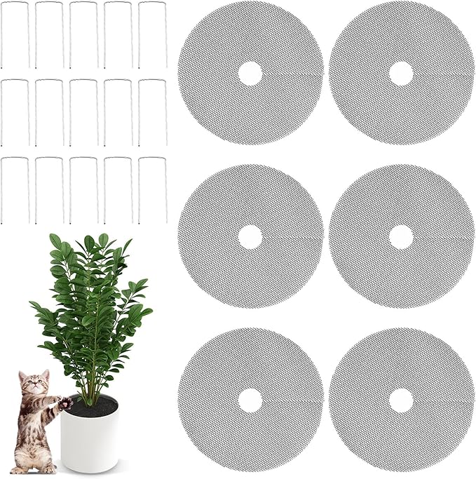 Supkiir 10 Pcs Plant Pot Grid Soil Protector Covers, 12 Inch Plant Pot Cover with 30 Metal Stakes, Black Thickened Cut-able Flower Soil Cover to Protect Soil from Animals for Indoor Outdoor Plants