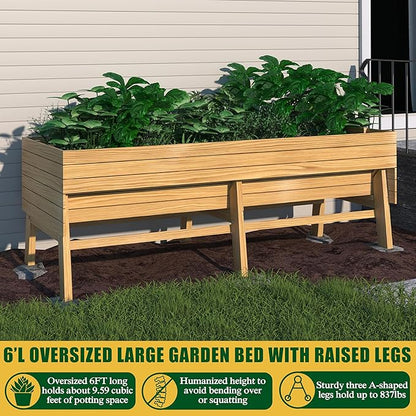 MUPATER Outdoor 6x3x2FT Cedar Raised Garden Bed for Vegetables with 6 Legs, 837lbs Large Elevated Garden Planter Box with Liner Design for Herbs and Flower, Natural